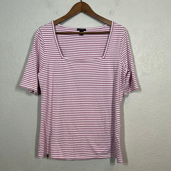 Halogen Striped Knit Top Short Sleeve Square Neck Purple White - L - Picture 4 of 6